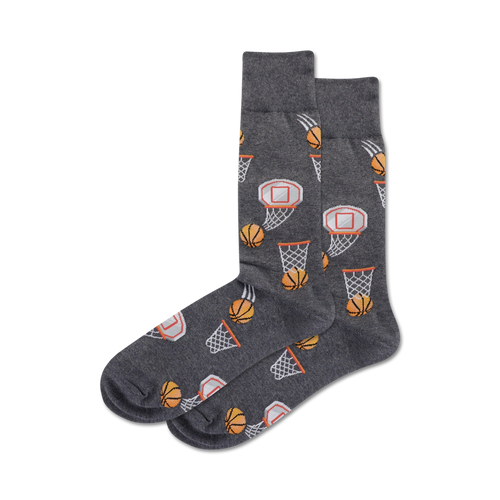 Close-up of a pair of grey crew socks with basketball and hoop pattern.