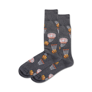 gray crew socks with basketballs going into hoops.   