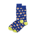 Pair of crew socks featuring a repeating pattern of brown pufferfish on a blue background with neon yellow cuffs.