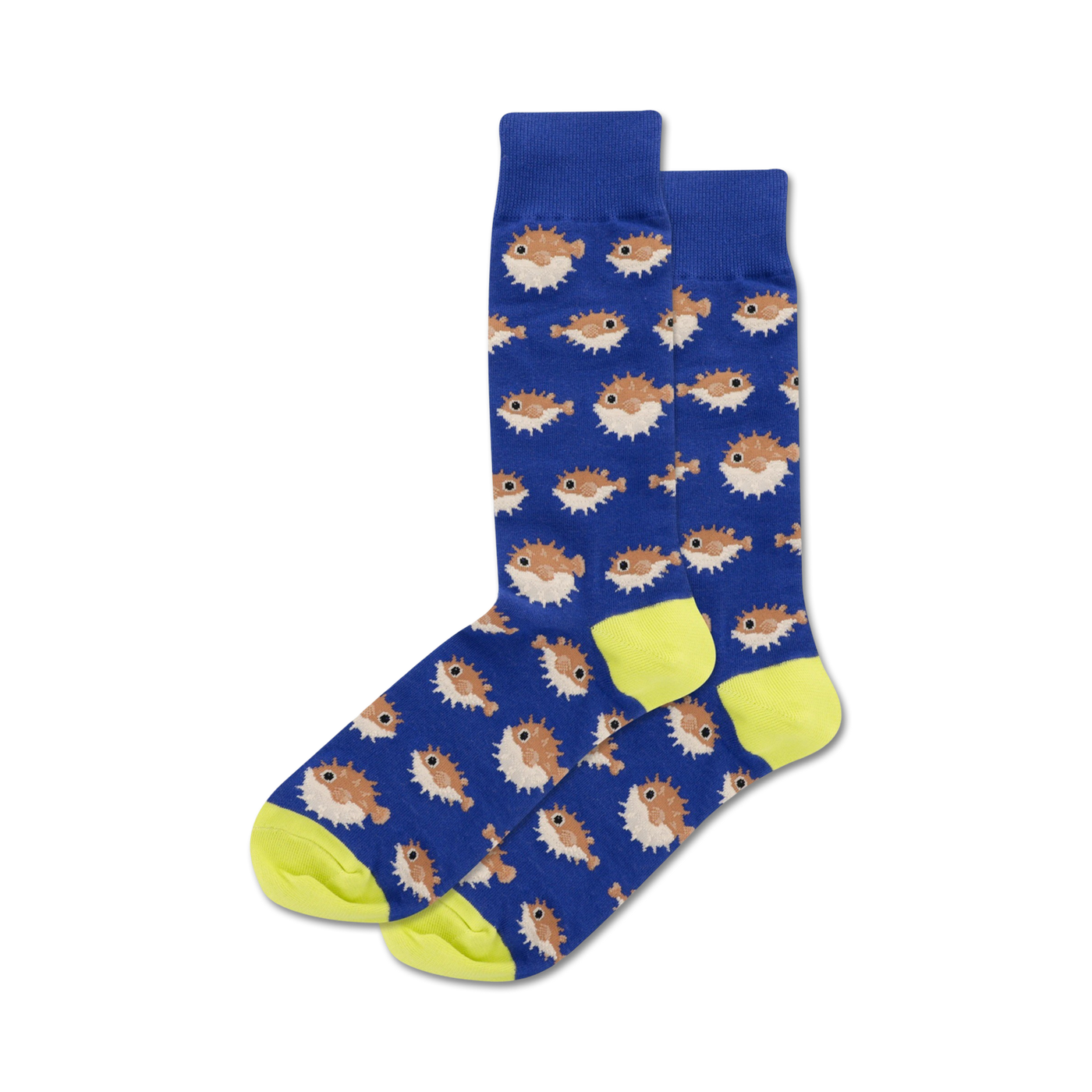 Pair of crew socks featuring a repeating pattern of brown pufferfish on a blue background with neon yellow cuffs.