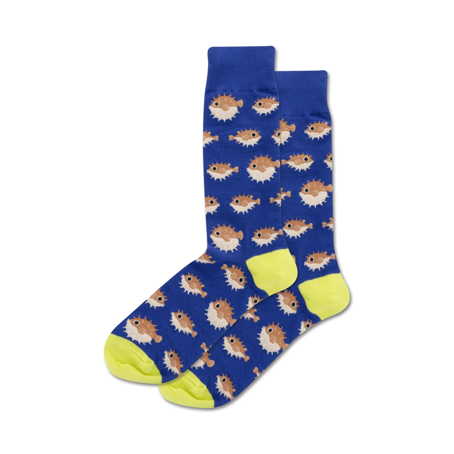Pair of crew socks featuring a repeating pattern of brown pufferfish on a blue background with neon yellow cuffs.