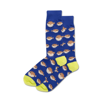  blue crew socks with cartoonish brown and yellow pufferfish for men.  