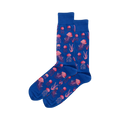 Pair of blue crew socks featuring a pixelated pink jellyfish and seaweed pattern.