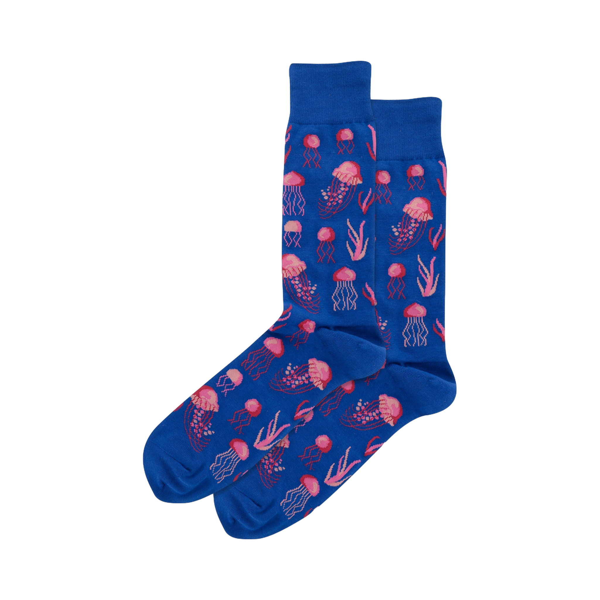 Pair of blue crew socks featuring a pixelated pink jellyfish and seaweed pattern.