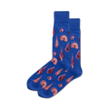 Pair of blue crew socks featuring a pattern of pink and purple seashells of various shapes and sizes.