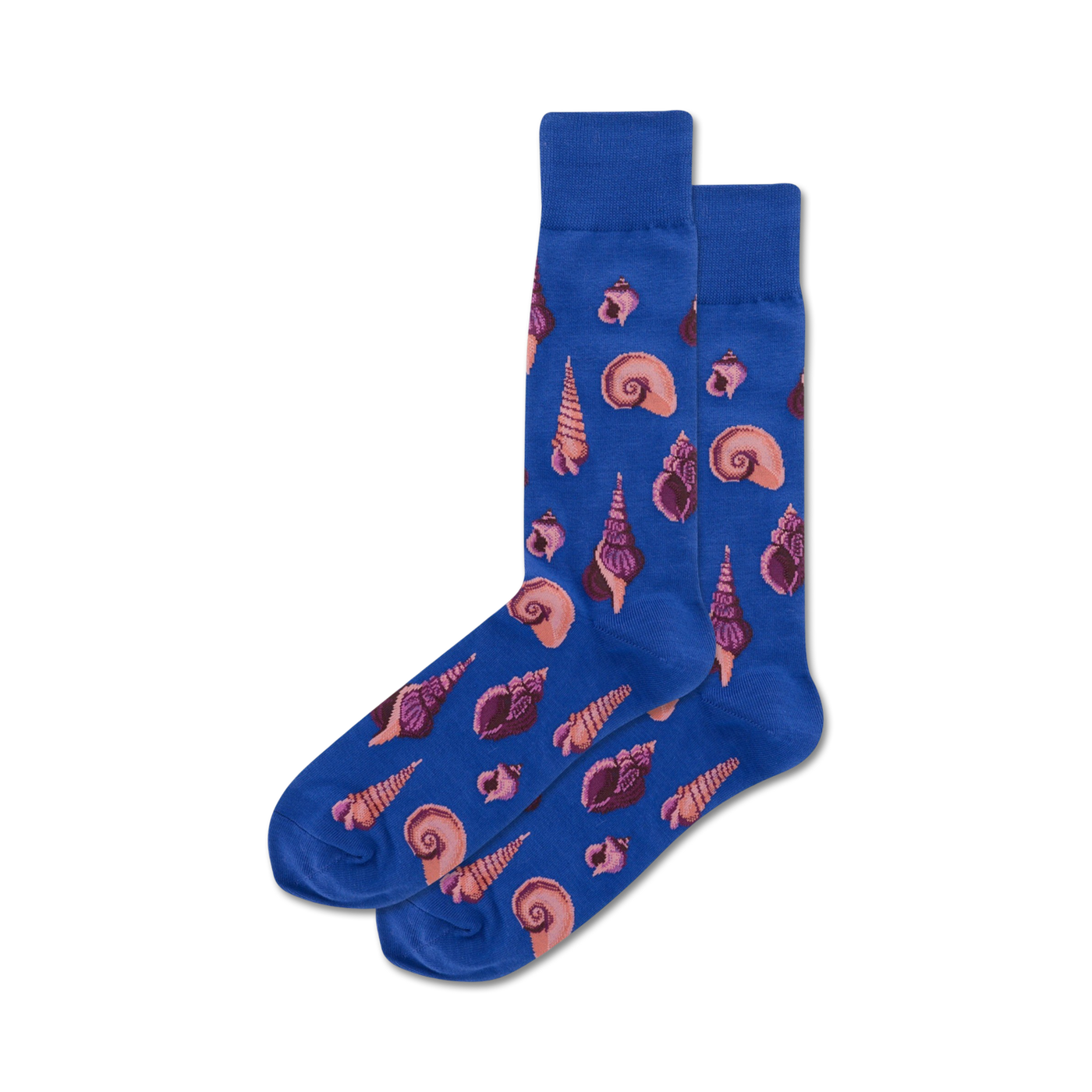Pair of blue crew socks featuring a pattern of pink and purple seashells of various shapes and sizes.