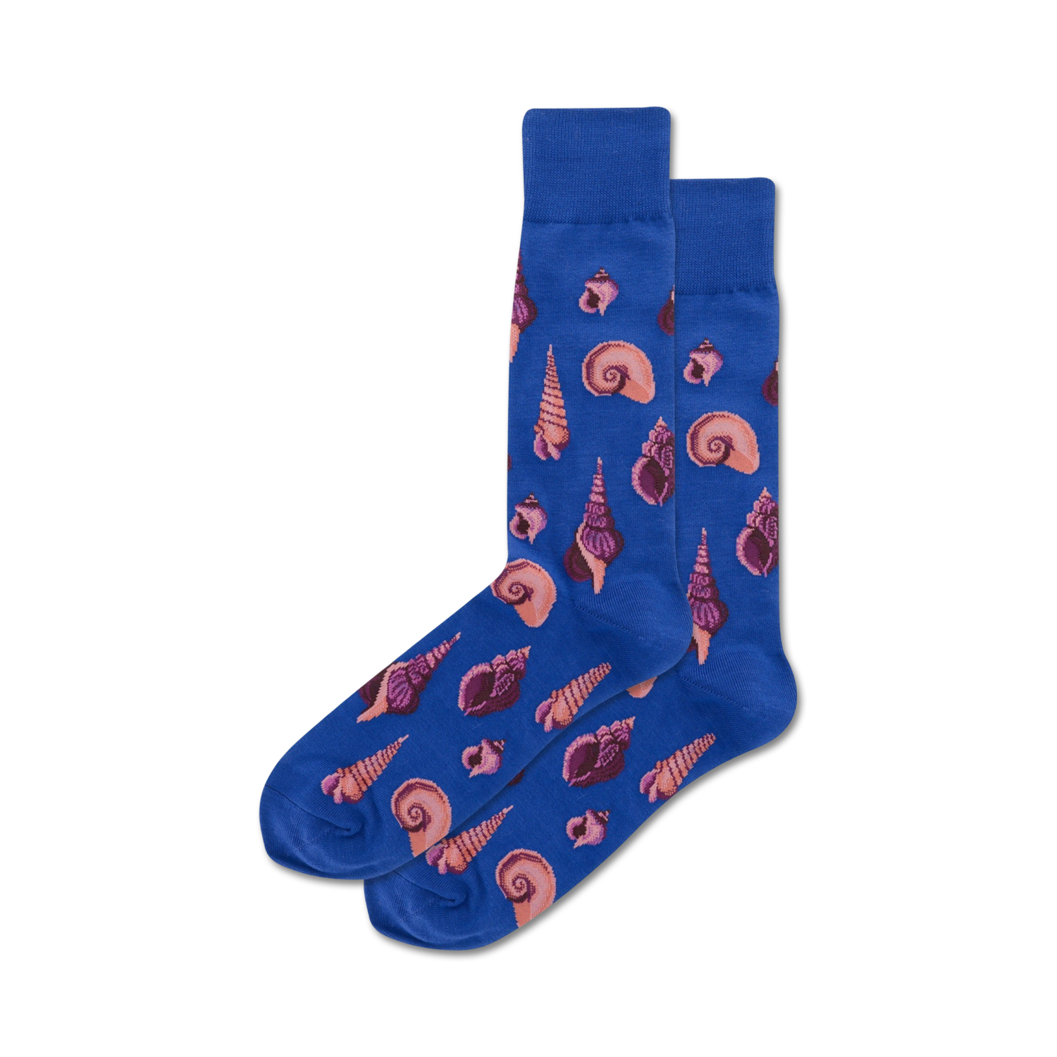 Pair of blue crew socks featuring a pattern of pink and purple seashells of various shapes and sizes.