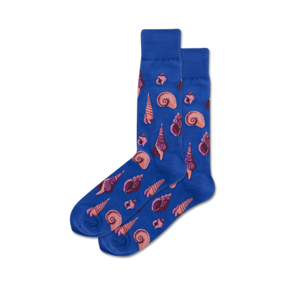 men's blue seashell pattern crew socks; beach crew socks; shell theme   