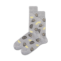Pair of grey crew socks with a fun pattern of illustrated oysters and lemon slices.