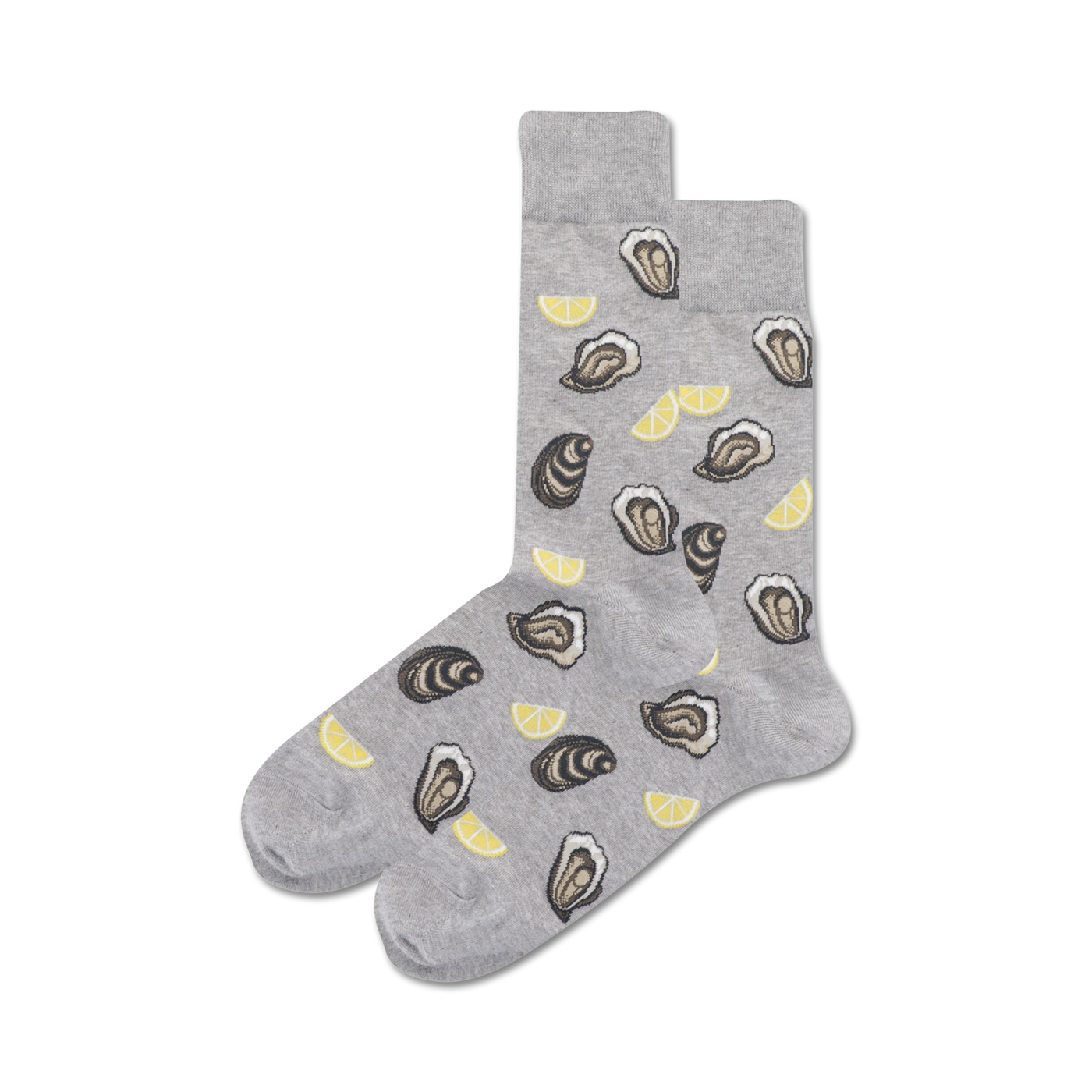 Pair of grey crew socks with a fun pattern of illustrated oysters and lemon slices.