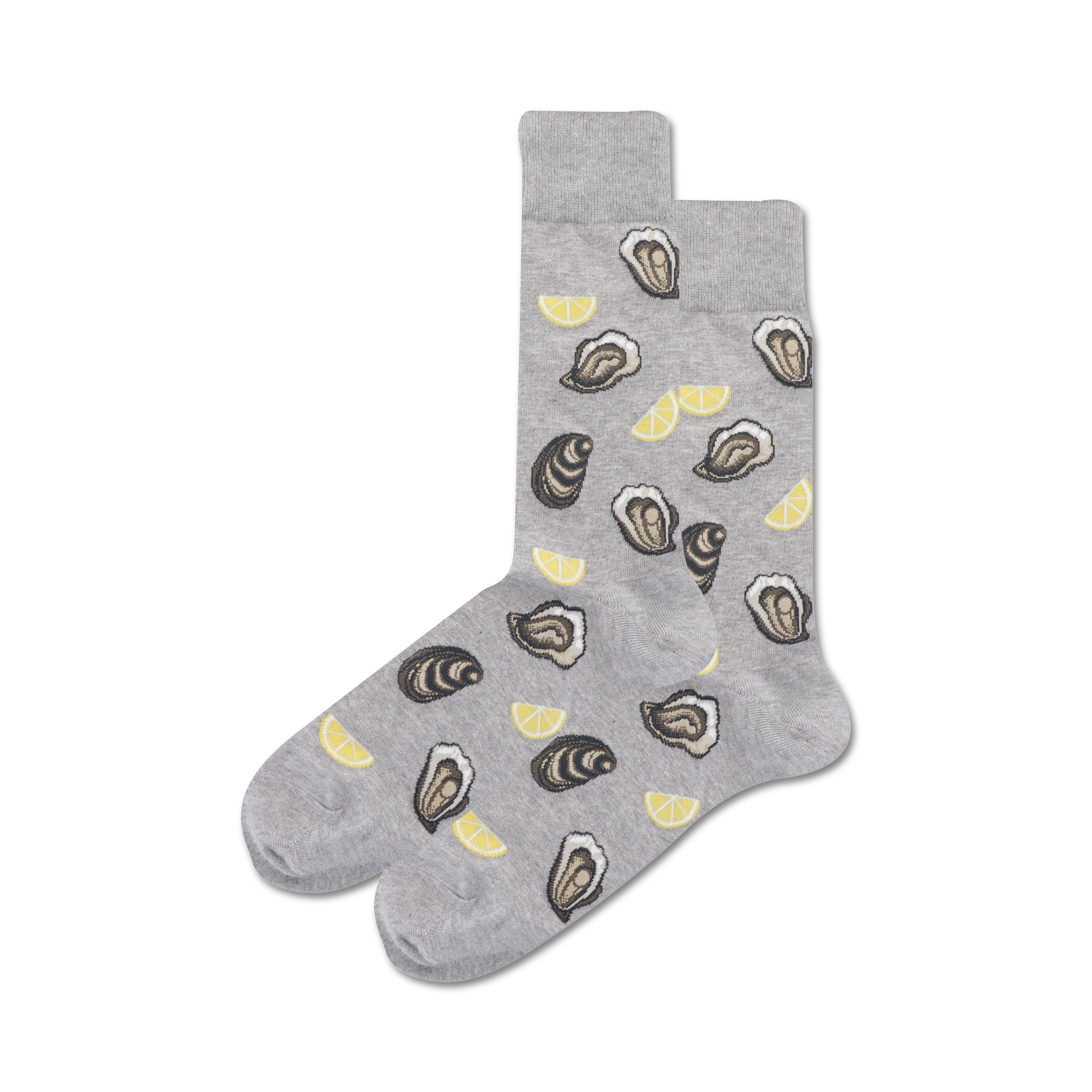 Pair of grey crew socks with a fun pattern of illustrated oysters and lemon slices.