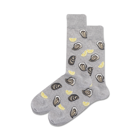 gray crew socks for men with oyster and lemon wedge pattern  