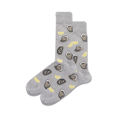 gray crew socks for men with oyster and lemon wedge pattern  