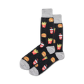 Pair of black crew socks with illustrated burgers, fries, and sodas.  Grey cuffs and a fun, casual design.