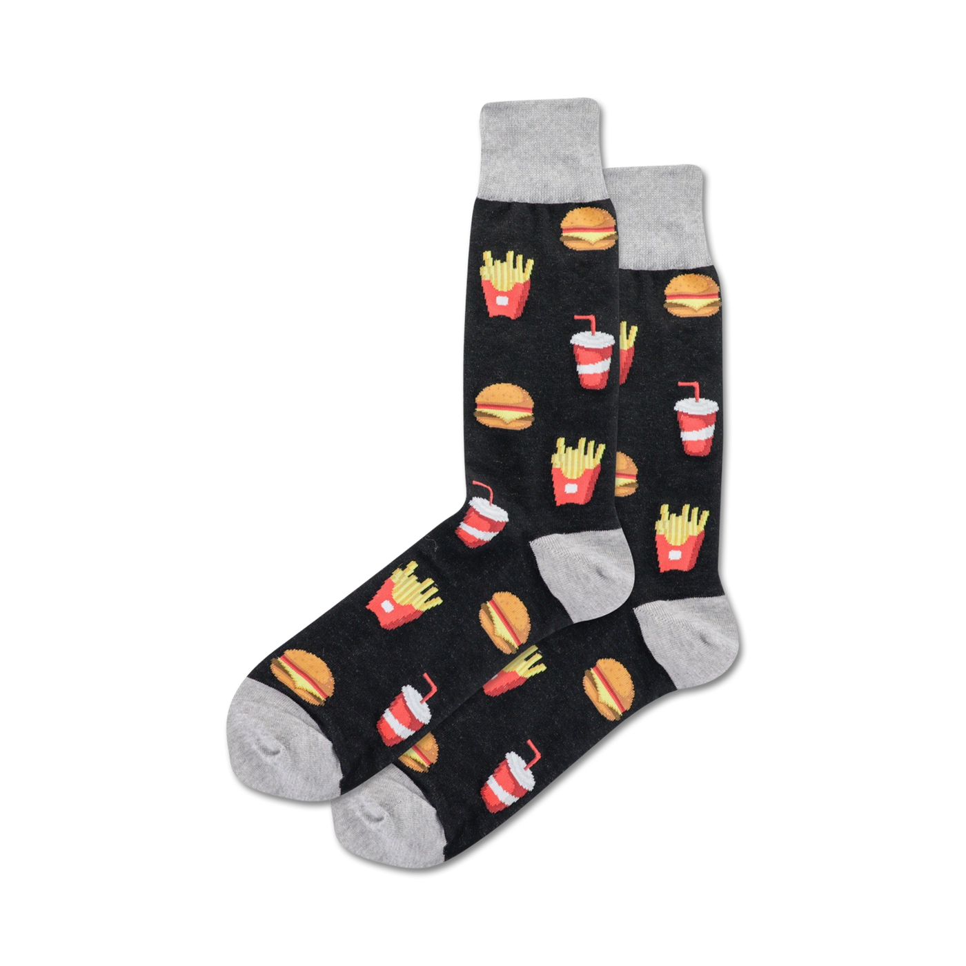 Pair of black crew socks with illustrated burgers, fries, and sodas.  Grey cuffs and a fun, casual design.