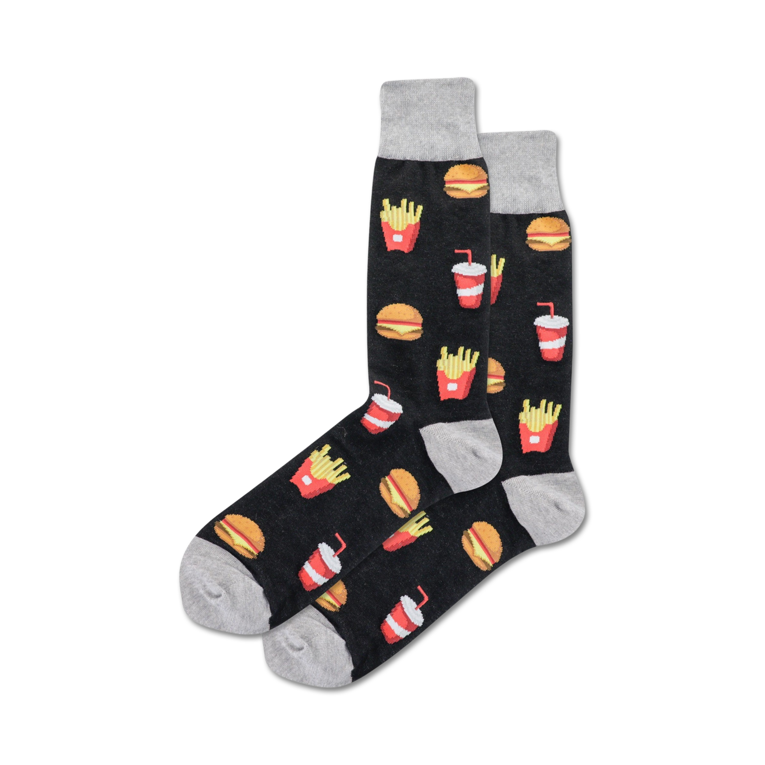 Pair of black crew socks with illustrated burgers, fries, and sodas.  Grey cuffs and a fun, casual design.