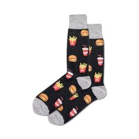 black crew socks with colorful burger, fries, and drink pattern. perfect for men who love hamburgers.  