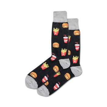 black crew socks with colorful burger, fries, and drink pattern. perfect for men who love hamburgers.  
