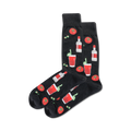 Pair of crew socks on black background.  The socks are black with a repeating pattern of Bloody Marys, olives, and vodka bottles.