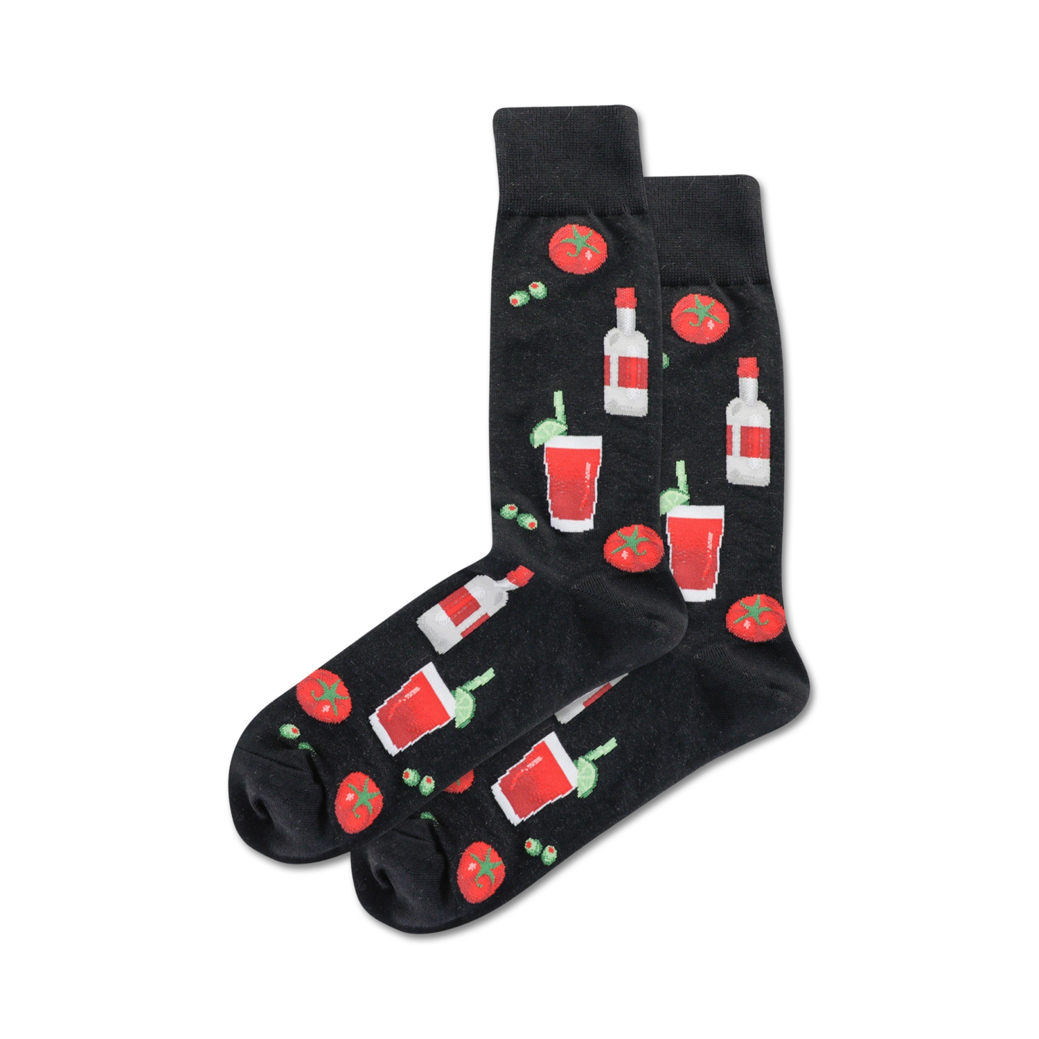 Pair of crew socks on black background.  The socks are black with a repeating pattern of Bloody Marys, olives, and vodka bottles.