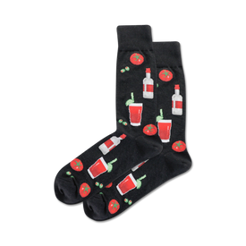 black crew socks for men with a bloody mary pattern of red circles, white circles, green circles, black circles, and small red circles.  