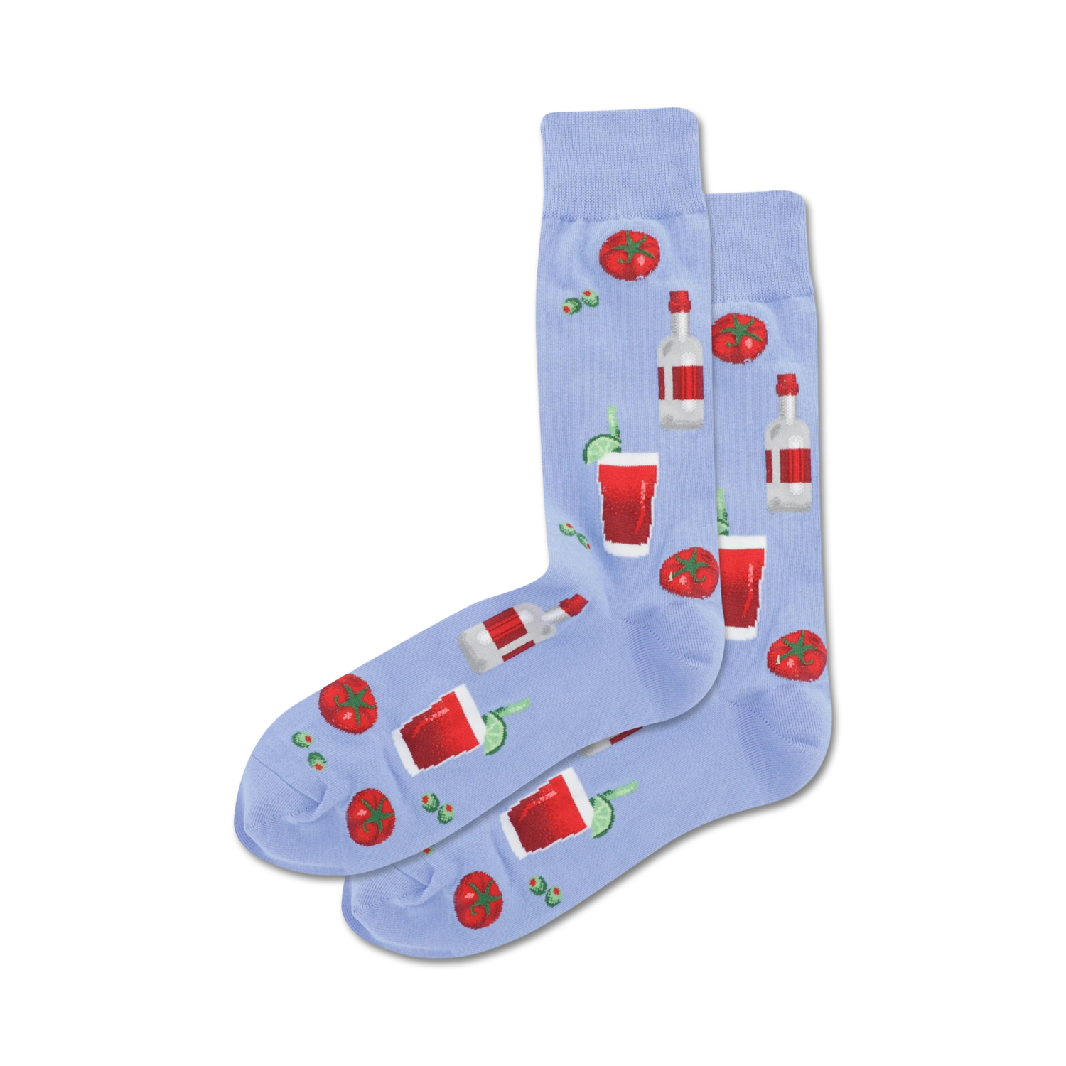 Lifestyle shot of model wearing periwinkle blue Bloody Mary socks. Shows how socks look when worn.