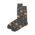 Six Pack of men's crew socks. Grey and beige socks feature a repeating pattern of pixelated beer bottles and six-packs.