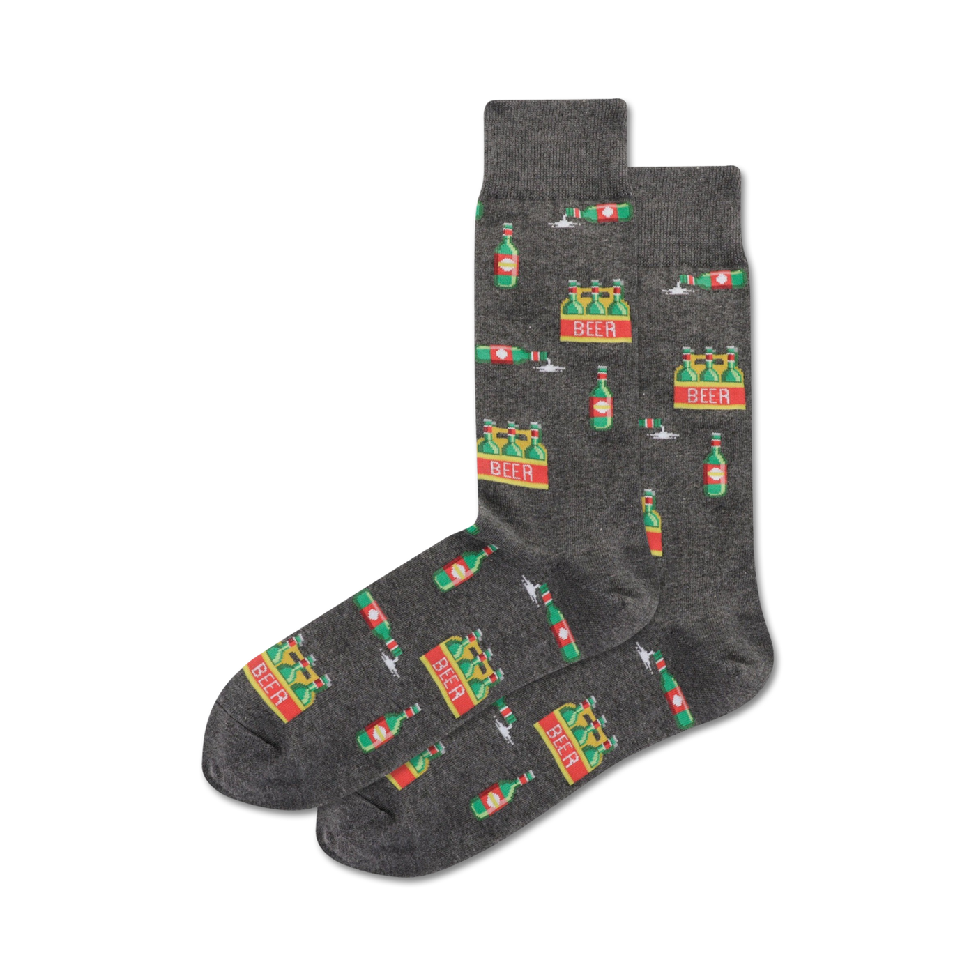 Six Pack of men's crew socks. Grey and beige socks feature a repeating pattern of pixelated beer bottles and six-packs.