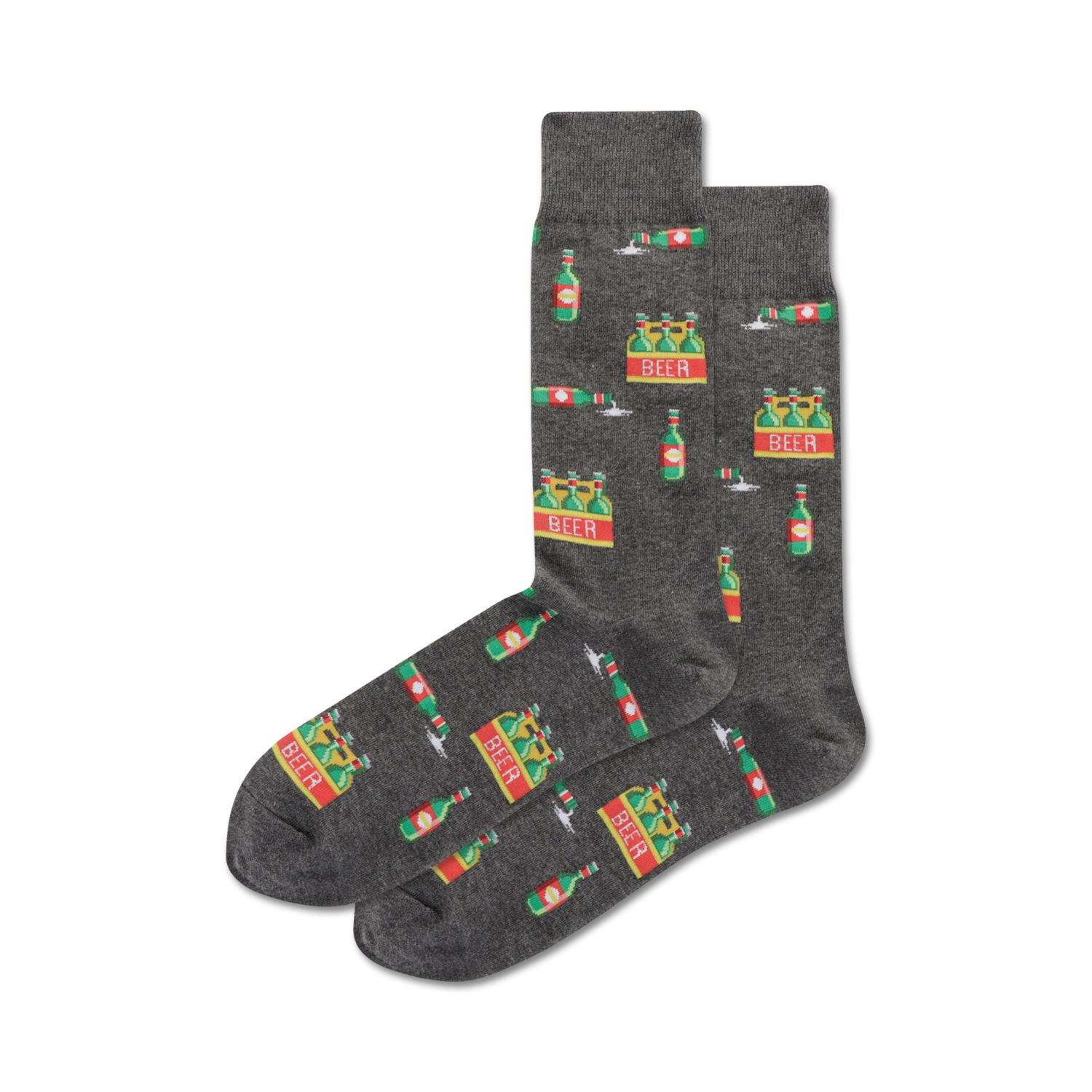 Six Pack of men's crew socks. Grey and beige socks feature a repeating pattern of pixelated beer bottles and six-packs.