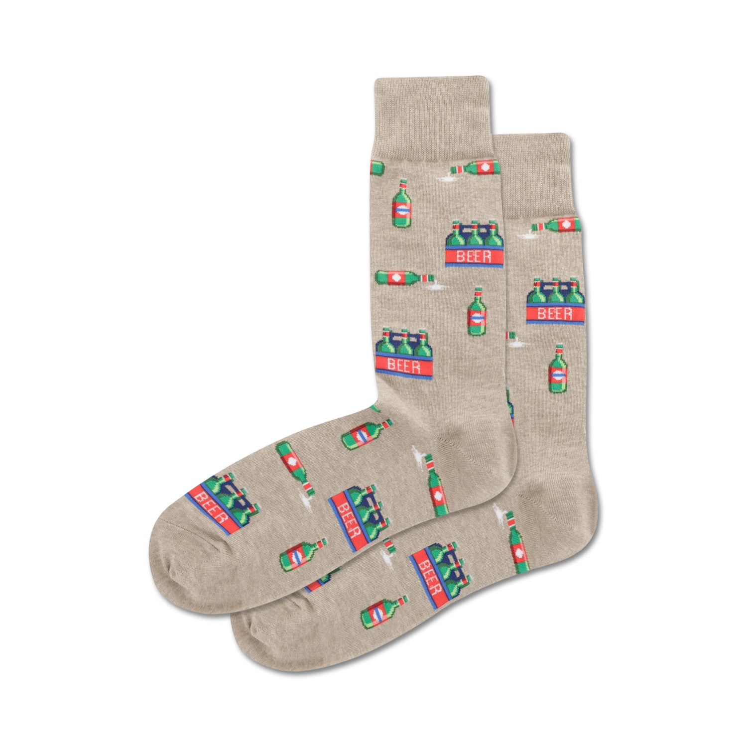 Lifestyle shot showing a person wearing a pair of the beige beer socks.