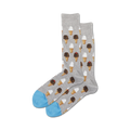Pair of crew socks with ice cream cone pattern.  Grey socks have light grey background, chocolate and vanilla cones, and light blue toe and heel. 