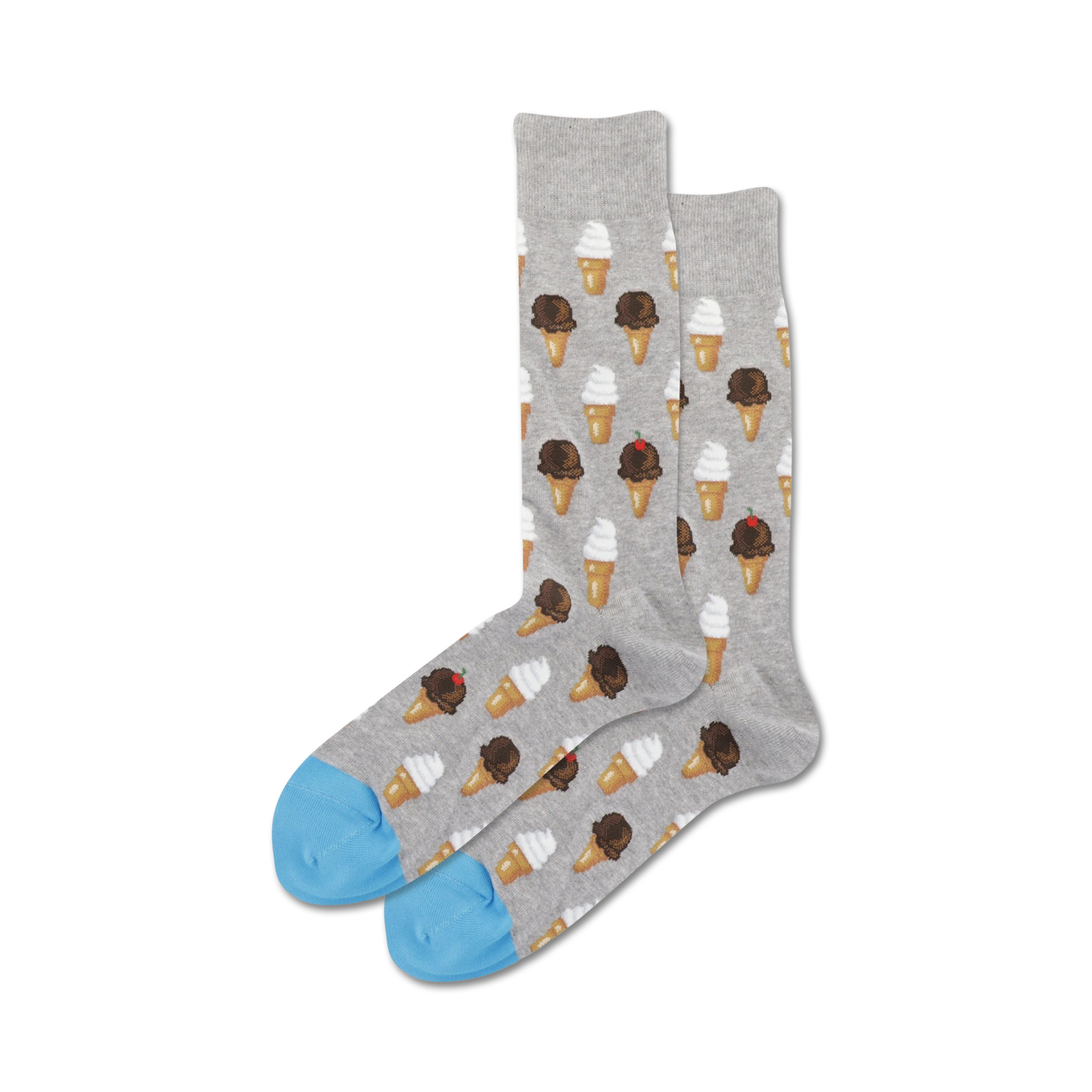 Pair of crew socks with ice cream cone pattern.  Grey socks have light grey background, chocolate and vanilla cones, and light blue toe and heel. 