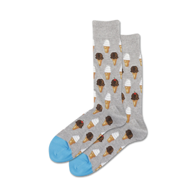 gray crew socks with pattern of ice cream cones. cones have brown and white frosting. toes are blue. mens.  