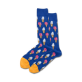Lifestyle shot of the blue Ice Cream socks with orange heel and toe being modeled.