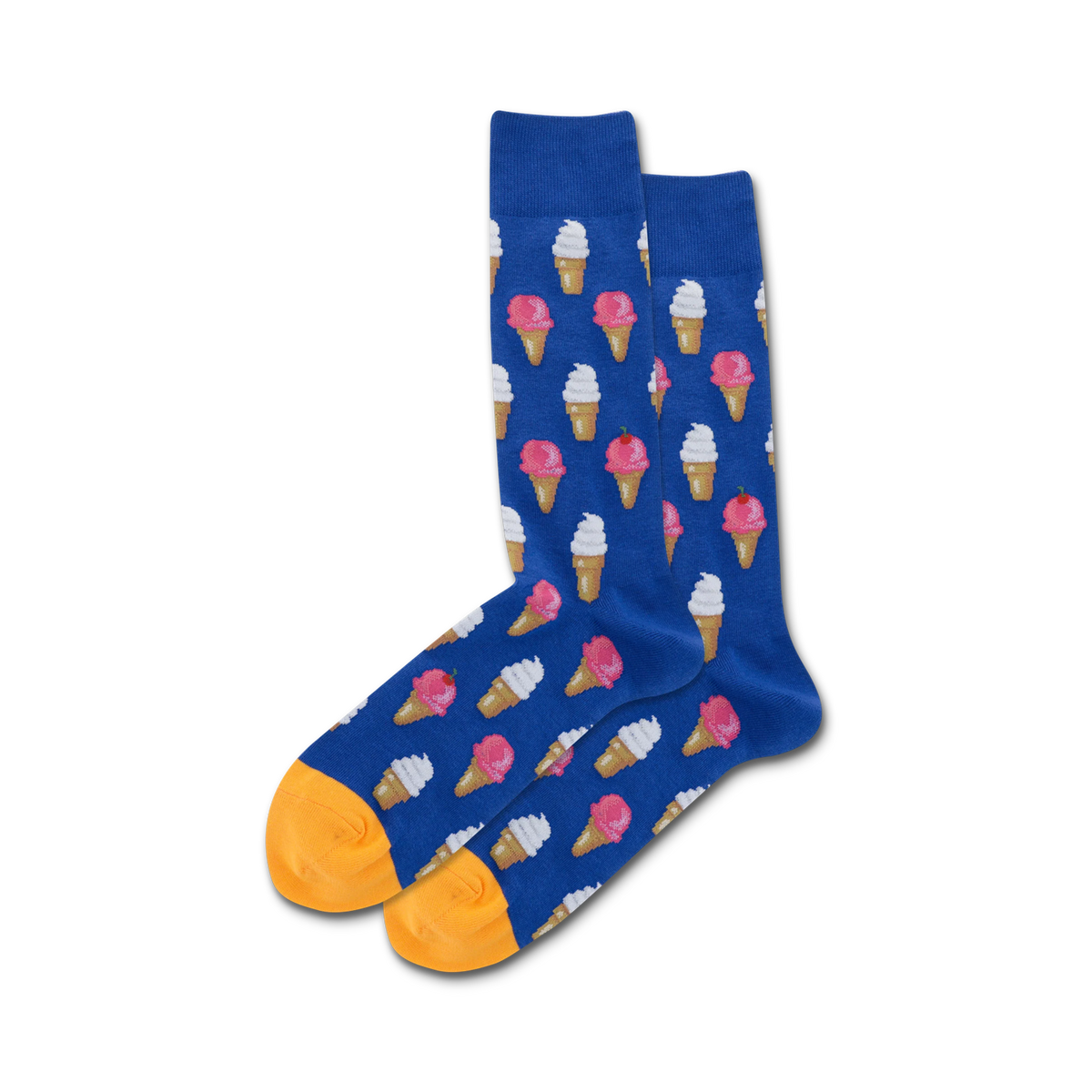 Lifestyle shot of the blue Ice Cream socks with orange heel and toe being modeled.