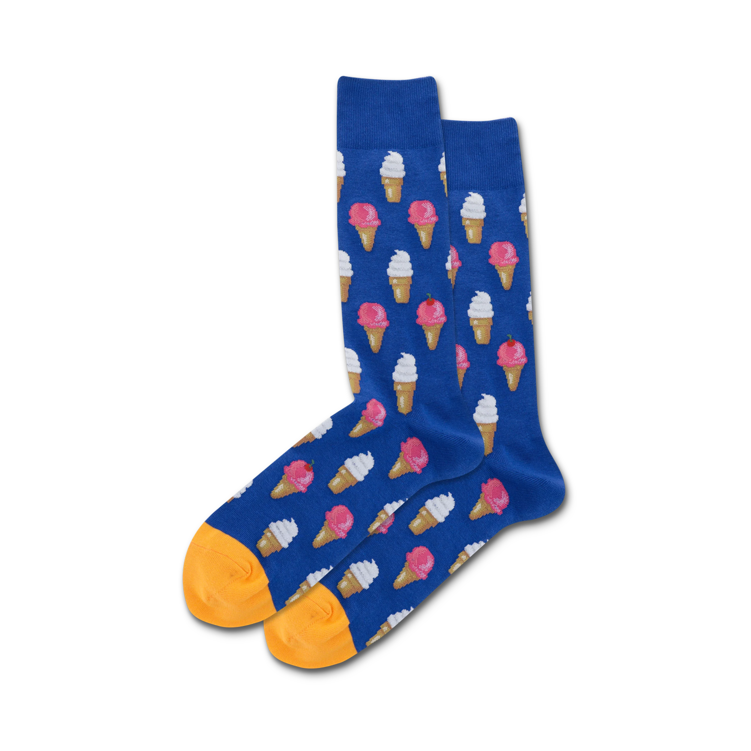 Lifestyle shot of the blue Ice Cream socks with orange heel and toe being modeled.