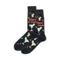 Pair of black crew socks with a fun Cinco de Mayo design. Features margaritas, chili peppers, and the text 'Cinco de Drinko'.