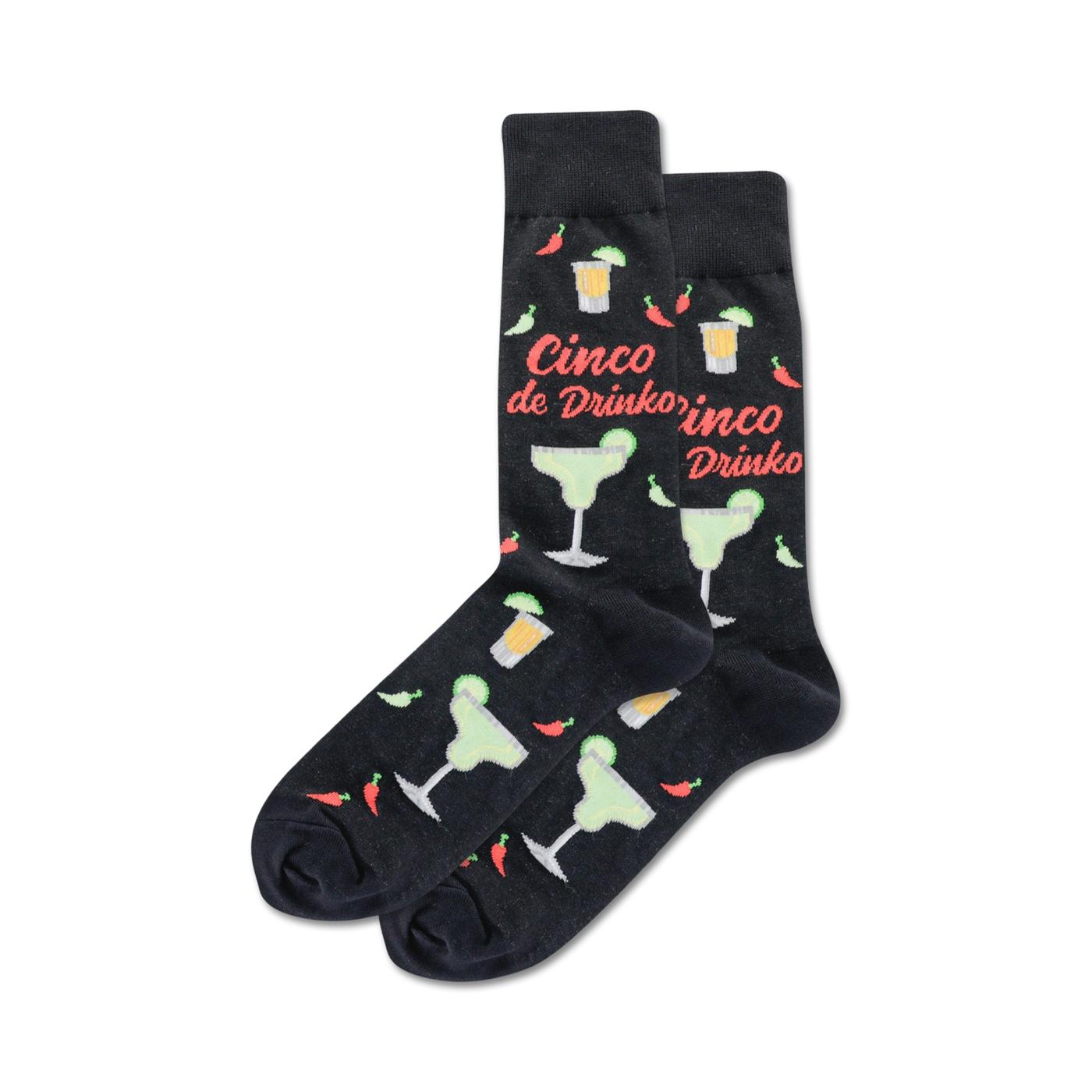 Pair of black crew socks with a fun Cinco de Mayo design. Features margaritas, chili peppers, and the text 'Cinco de Drinko'.
