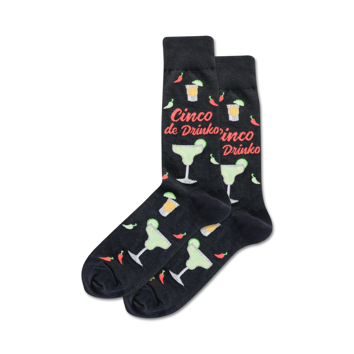 Pair of black crew socks with a fun Cinco de Mayo design. Features margaritas, chili peppers, and the text 'Cinco de Drinko'.