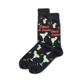 black crew socks feature a pattern of cinco de drinko, margaritas, and chili peppers.   