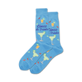 Lifestyle shot showing the blue Cinco de Drinko socks on a person's feet.