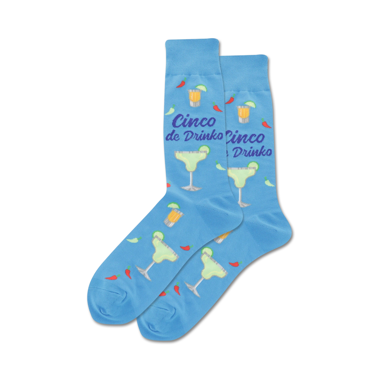 Lifestyle shot showing the blue Cinco de Drinko socks on a person's feet.