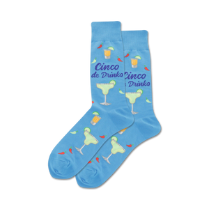 blue crew socks with 'cinco de drinko' text, margarita glasses with lime wedges, and chili peppers.  