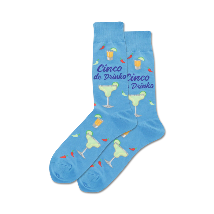 blue crew socks with 'cinco de drinko' text, margarita glasses with lime wedges, and chili peppers.  