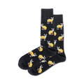 Pair of black crew socks featuring a repeating pattern of Chihuahuas dressed as tacos.