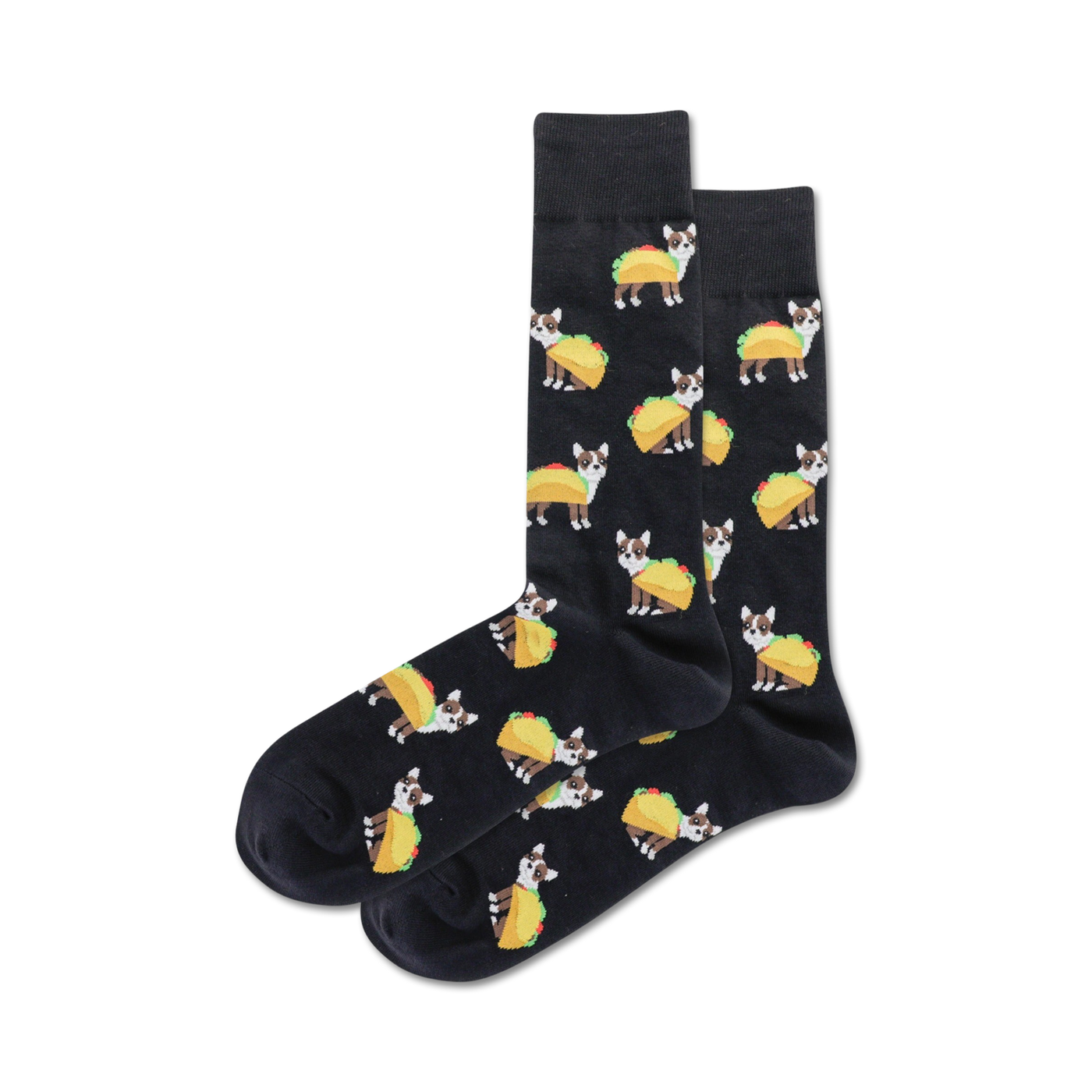 Pair of black crew socks featuring a repeating pattern of Chihuahuas dressed as tacos.