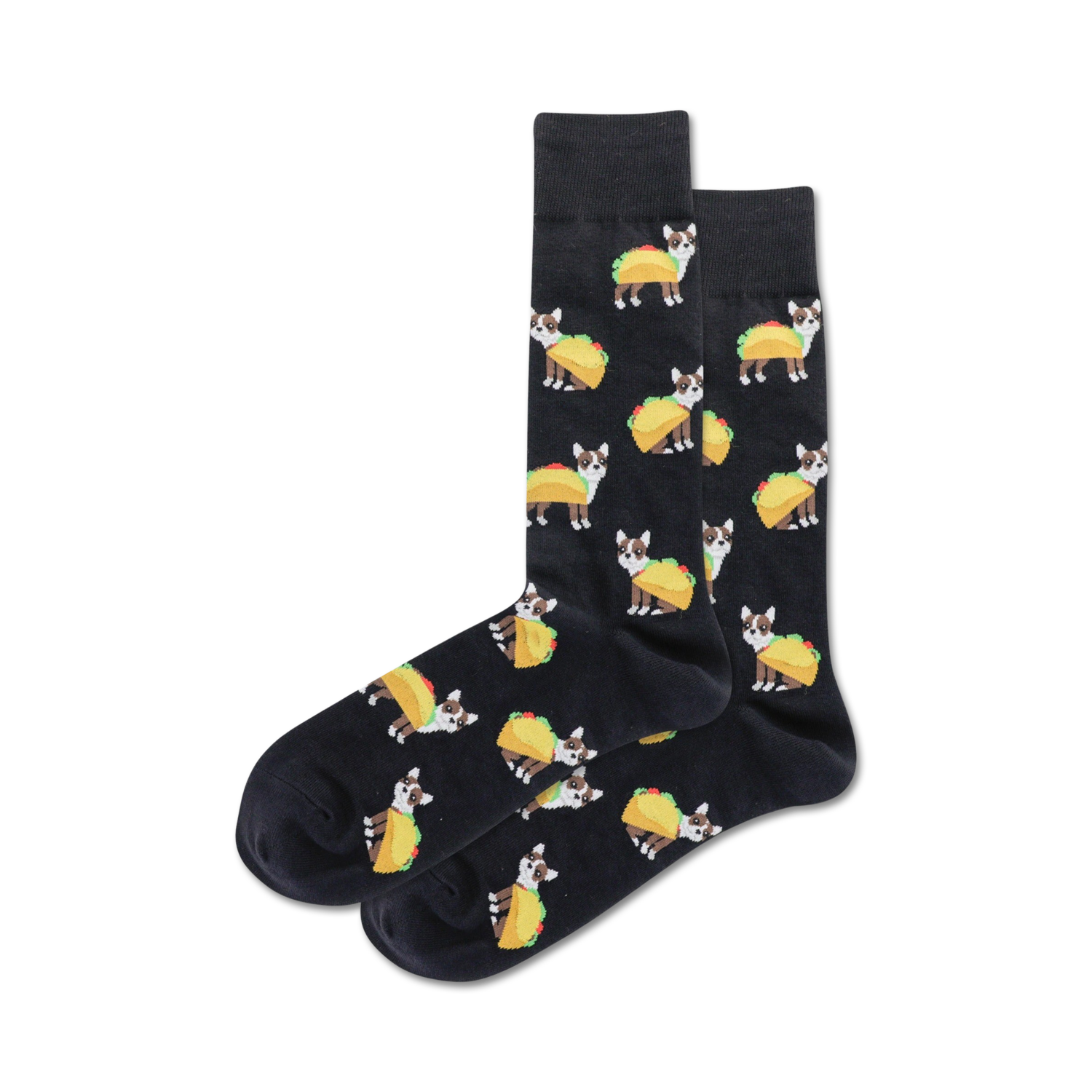 Pair of black crew socks featuring a repeating pattern of Chihuahuas dressed as tacos.