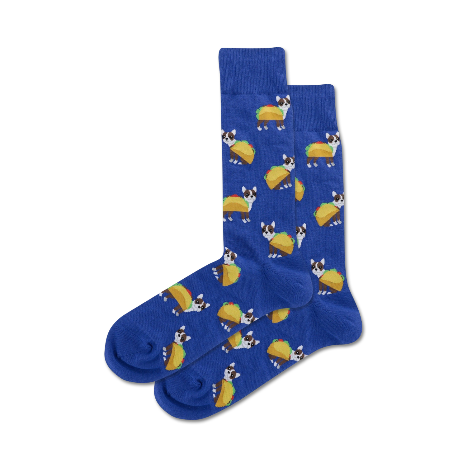 Lifestyle shot showcasing blue Taco Terrier socks on a model's feet.