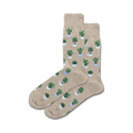 Pair of beige crew socks with a pattern of potted succulents in shades of green and light blue. 