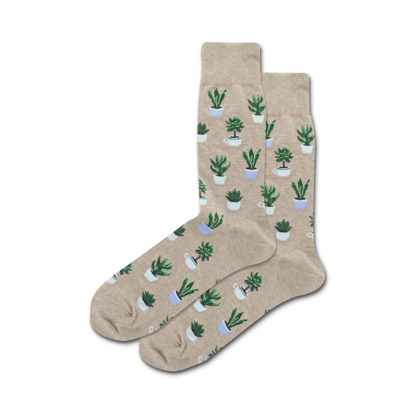 Pair of beige crew socks with a pattern of potted succulents in shades of green and light blue. 